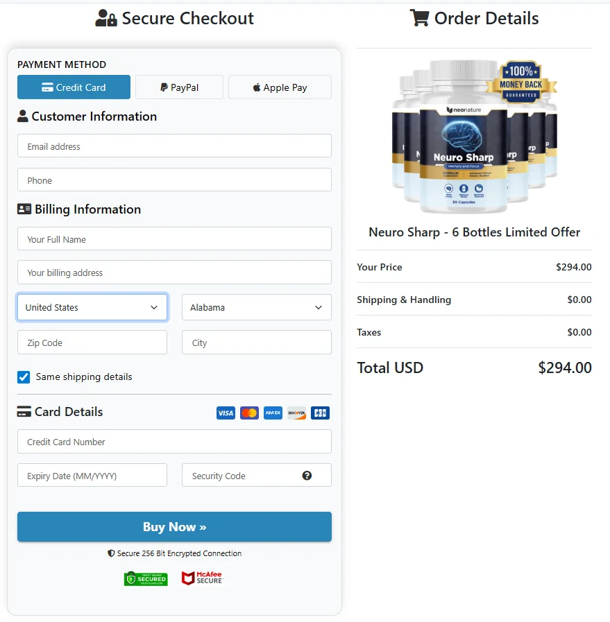 Neuro Sharp Secured Order Page